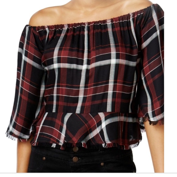 Buffalo David Bitton Off-Shoulder Plaid Blouse - Red and Black - Picture 4 of 4